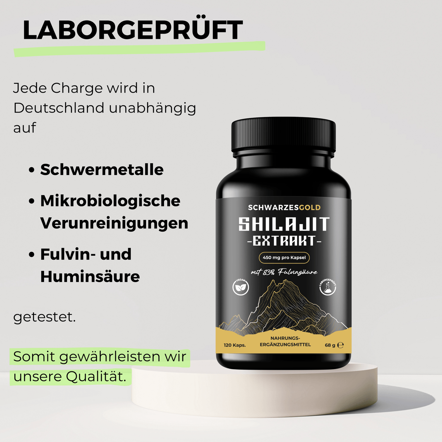 Shilajit Kapseln Hochdosiert - 10:1 Extrakt - 83% Fulvinsäure | Abgefüllt und Laborgeprüft in DE | 120 Kapseln - 900mg Mumijo Tagesdosis | Vegan & ohne Zusätze - SCHWARZESGOLD